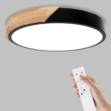 Plafonnier Bois,Plafond Dimmable 6000K/4000K/3000K 3200LM,Plafonnier Led Télécommandé,24W IP54 Luminaire Moderne Pour Le Salon, La Chambre Et Le Couloir, 30CM, Noir (1/5)