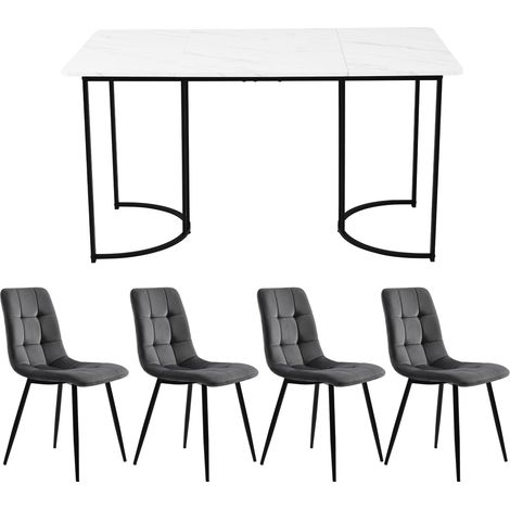 5-teiliges Esszimmer-Set 140x80 cm weiß mit 4 dunkelgrauen Samtstühlen (1/5)