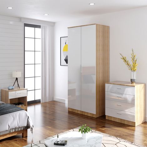 ELEGANT Modern High Gloss Wardrobe and Cabinet Furniture Set Bedroom 2 Doors Wardrobe and 4 Drawer Chest and Bedside Cabinet, White/Oak (1/5)