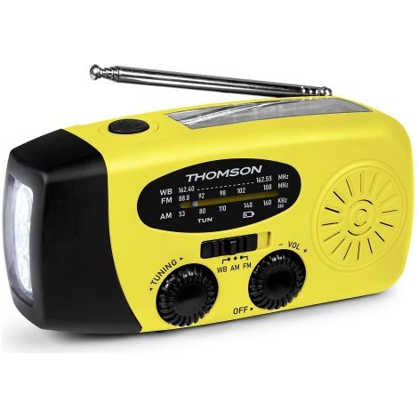 Radio Solar Thomson con Linterna de Emergencia y Función Powerbank
Especificaciones:
-Radio AM/FM
-BaterÃa incorporada de 2000 mAh
-3 modos de carga