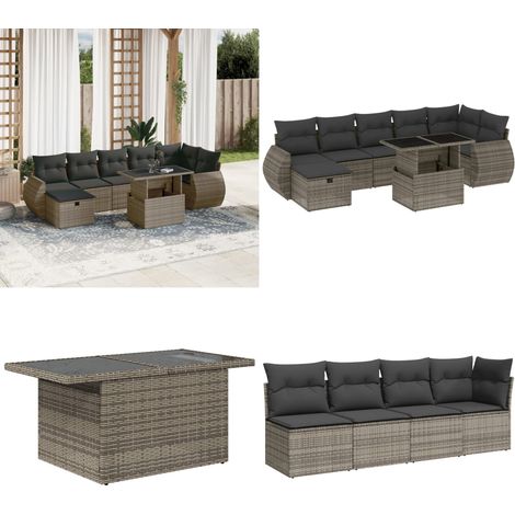 Salon de jardin 8 pcs avec coussins gris résine tressée - Ensemble Salon De Jardin - Mobilier De Jardin - Salon D'extérieur - Table Extensible - Chaise Lounge - Home & Living (1/5)