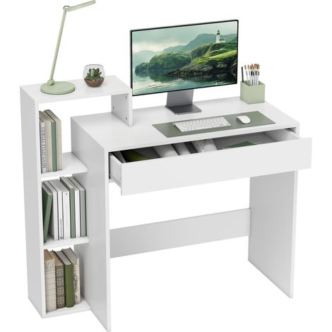 Weißer Schreibtisch mit Stauraum, 100 x 40 x 90 cm, Computertisch mit 3 Ablagen und Schublade