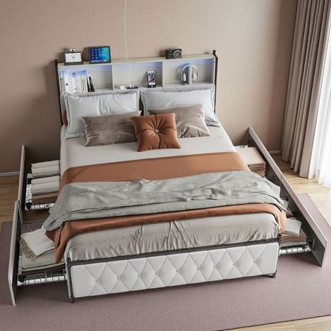 Doppelbett 140x200 cm - Modern - 4 Schubladen - Lattenrost - LED-Beleuchtung mit USB