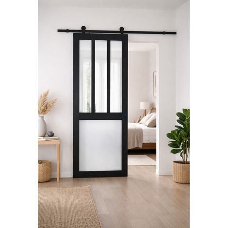 Porta scorrevole nera per officina e finestra con pannelli bianchi H204 x L73 + guida a rulli nera e 2 gusci neri
