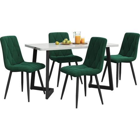 Ensemble table à manger 4 chaises rectangulaire 117×68 cm en MDF blanc avec assises velours vert, pieds métal noirs, style moderne pour salle à manger CHICFURN (1/5)