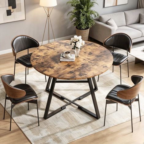 Tavolo da pranzo rotondo - mobile da cucina - piano in legno - vani portaoggetti integrati - struttura in metallo nero - stile industriale (1/5)