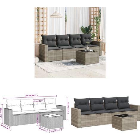 5-tlg. Garten-Sofagarnitur mit Kissen Hellgrau Poly Rattan - Gartensorte - Gartenmöbel Set - PE-Rattan Möbel - Outdoor Sofa - Lounge Set - Home & Living (1/3)