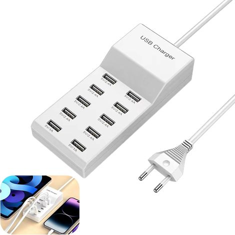 Multiprise USB C, Chargeur USB Multiple, Chargeur Multiple USB, Chargeur Multi USB, Fast Charger Compatible, 50W Multi USB Charger 10 Port Charging Station Multi Power Ports Compatible (1/5)
