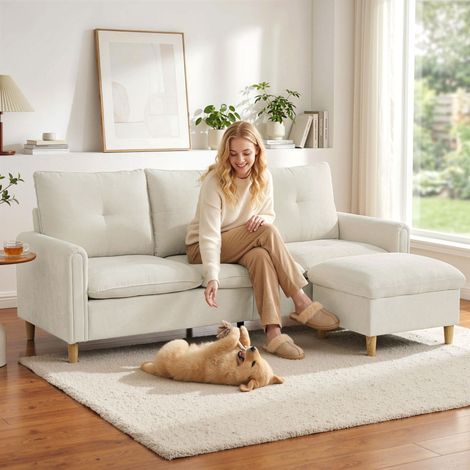 Canapé 3 places avec rangement, canapé d'angle modulable 210 cm, assise large, tissu aspect lin, couleur crème (1/5)