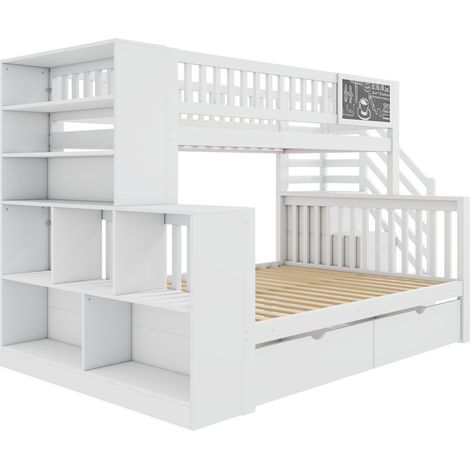 Lit maison enfant superposé double 140x200 cm 90x200 cm blanc tableau graffiti escalier placards tiroirs multifonctionnel (1/5)