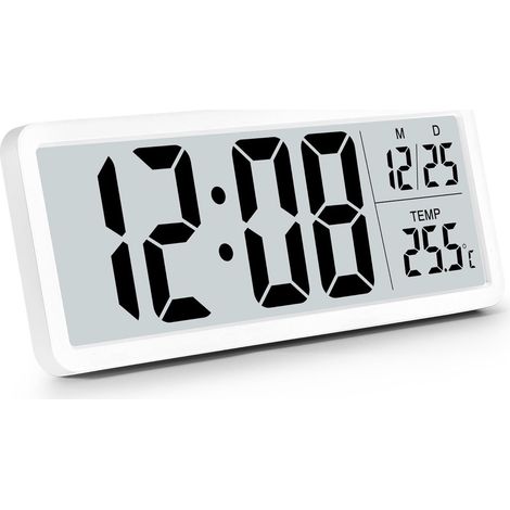 Cette horloge murale numérique à piles affiche de grands chiffres, la température et propose un format 12/24 heures. Idéale pour le bureau, le salon ou la chambre – couleur blanche. (1/5)