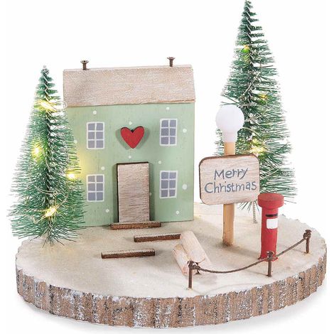 Decorazione di Natale in legno su corteccia con casetta, alberi, scritta Merry Christmas e luci LED, set da 4 pezzi, cm 16 x 12 x 13,5 H
