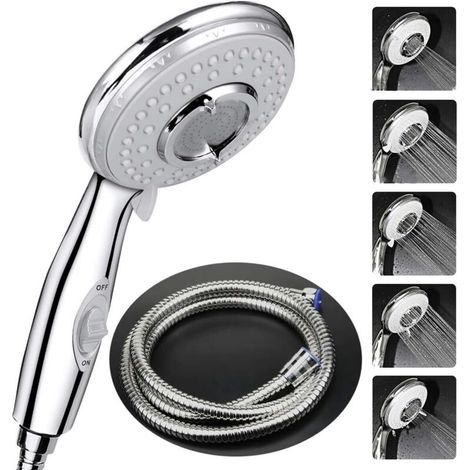 Cabezal de ducha + manguera flexible de 2 m, cabezal de ducha con manguera, 5 modos de ahorro de agua y botón de encendido/apagado, cabezal de ducha de acero inoxidable de alta presión.