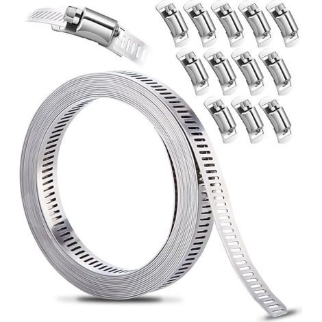 Kit de Colliers de Serrage DIY Inox 304, 3.5m Bande Perforée en Métal + 12 Pièces Fixation, Réglable, pour Tuyaux, Gaz, Eau, Voiture, Machine à Laver, Jardin (1/5)