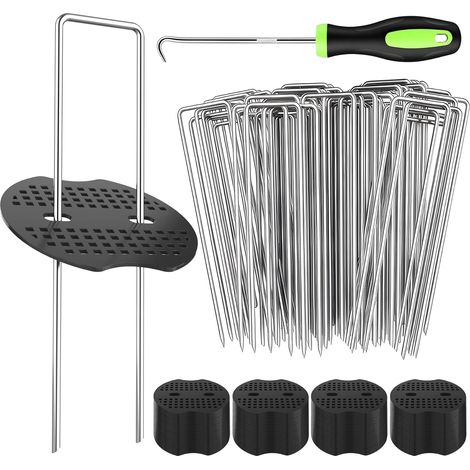 200 Pièces Ancres au Sol Forme U + 100 Rondelles, Acier Galvanisé 150x30x3 mm, Fixation Toile Anti-Mauvaises Herbes, Jardin, Bordures Gazon, Tentes (1/5)