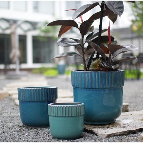 Pot de fleurs 38x38x36,3 cm en céramique bleu turquoise brillant avec drainage pour jardin – MEUBLIV (1/5)