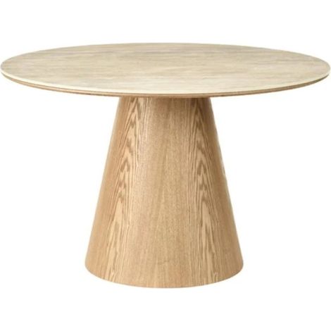 Table de salle à manger ronde LUMEA 120 cm en céramique beige avec pied central aspect bois – 4 places (1/5)