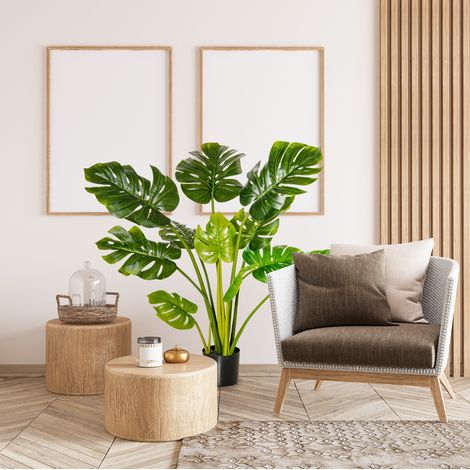 Pianta artificiale Monstera decorativa 110 cm in vaso nero in plastica (1/5)
