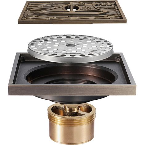 Drain de sol en bronze pour salle de bain - Antique et unique - Drain de sol carré pour douche - Fleur sculptée - Drain de sol pour toilettes et jardin - 10 cm