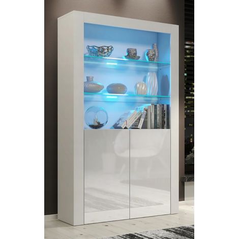 Dusine – Vitrine JIVE 90 cm blanc laqué avec lumières LED bleues – Mélaminé certifié FSC – Dimensions 90x35x170 cm – Fabrication européenne