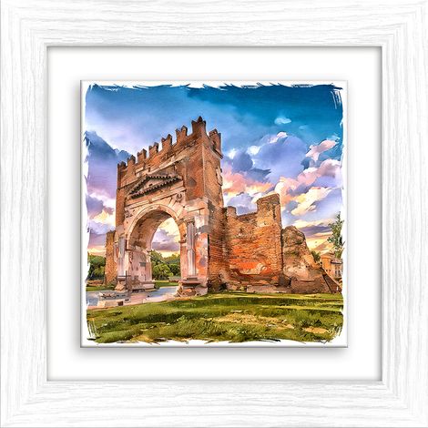 Lupia - Quadro moderno con paesaggi e localismi italiani, Ceramica e Stampa Rilievo, Cornice Legno Shabby Modern bianca, Decorazione Parete, Quadretti Soggiorno, 29x29 cm, RIMINI ARCO DI AUGUSTO (1/4)