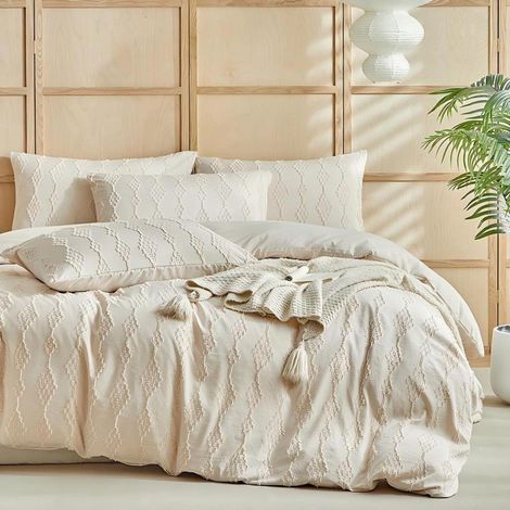 Bettwäsche Set 200x220cm Beige mit Stickerei, Boho Stil, Tufting Design