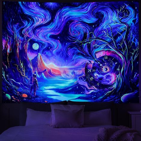 UV-reaktiver Galaxien-Wandteppich, Berg-Astronauten-Wandteppich, Neon-Uhr, Wandteppich fürs Schlafzimmer (1/5)