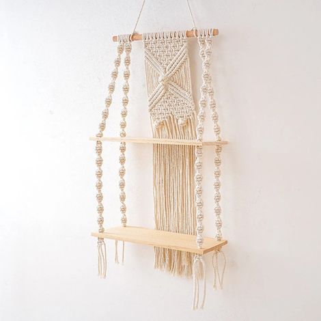 Étagère murale en macramé à 2 niveaux, style bohème, pour plantes, fabriquée à la main en corde tressée. Décoration murale artistique pour appartements, chambres d'étudiants, salons, chambres et autre (1/3)