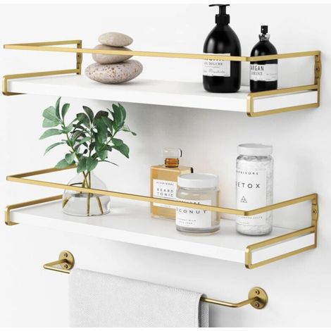 Organiseur de salle de bain moderne blanc et doré avec barre de rangement, rangement mural décoratif pour petits espaces, lot de 2 (1/5)