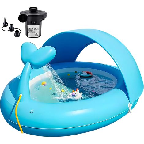 Piscine gonflable pour enfants avec auvent, motif baleine bleue et arroseur, idéale pour les tout-petits et les jeux d'eau dans le jardin (193 × 165 × 95 cm). (1/5)