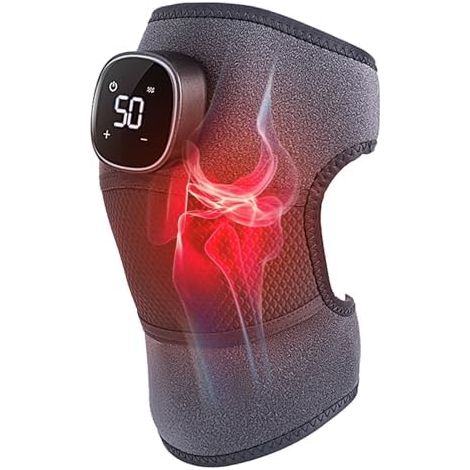 Masseur de genou chauffant 3D – Massage par vibrations réglables – Technologie de chauffage NTC – Bandoulière réglable – Tissu velours doux