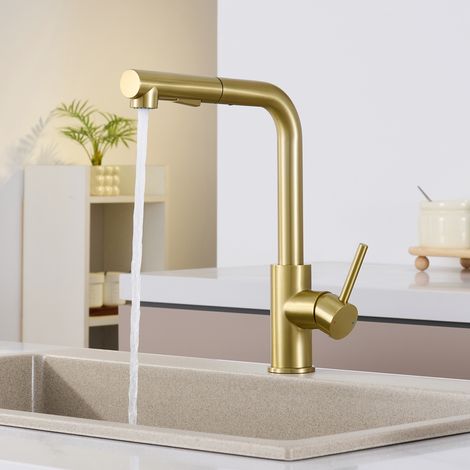 Sofetiy Max Rubinetto da cucina estraibile - 2 modalità di getto, miscelatore da cucina girevole a 360°, oro spazzolato