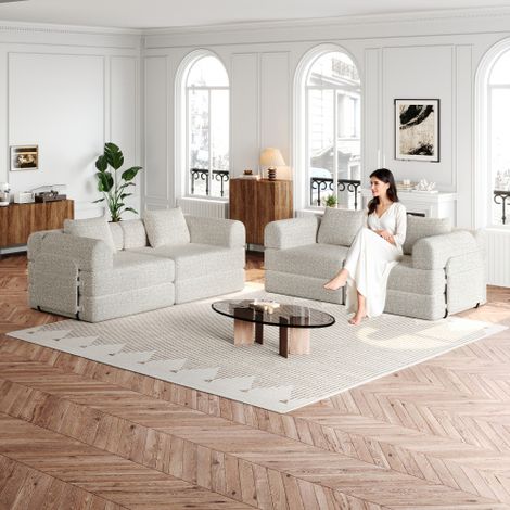 [Patented Design]Chenille-Schlafsofa 2-in-1 mit Staufach in der Armlehne, drei Metallrahmen und mehreren Konfigurationsmöglichkeiten.