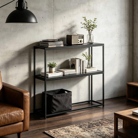 Table console moderne en acier 2 niveaux, meuble d'entrée, couloir et salon, design contemporain (1/5)