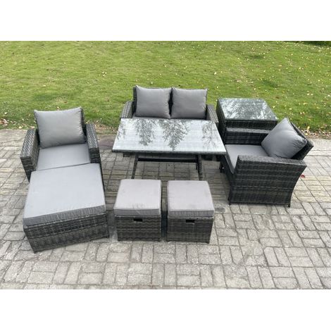 Fimous Rattan Wicker Garden Furniture Patio Conservatory Sofa Set with Rectangular Dining Table Armchair 2 Seater Sofa 3 Footstools Side Table (1/5)