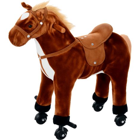 Cheval à monter pour enfant - HOMCOM - à roulettes - sons réalistes, poignée - peluche - 65 x 28 x 75 cm - marron (1/5)