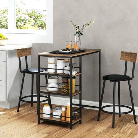 Set tavolo da bar 3 pezzi con 2 sgabelli, 3 ripiani, acciaio e MDF, effetto rovere DESVIAE (1/5)