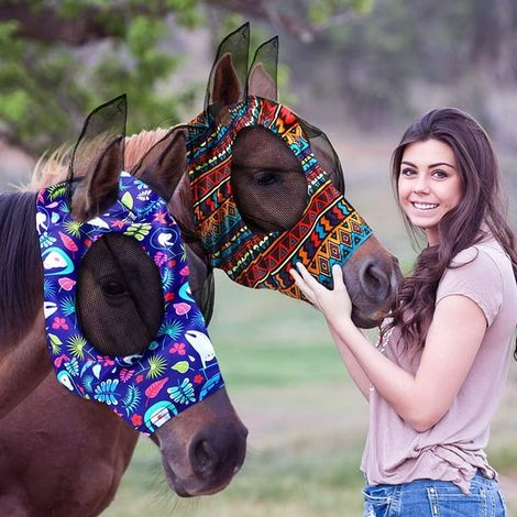 2 masques anti-mouches pour chevaux, avec oreilles, lisses et élastiques, protection UV (motifs tribaux, taille L) (1/5)