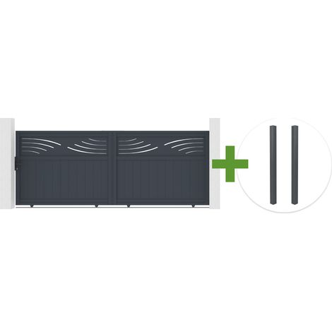 Portail coulissant 3,7m HALTI H.140cm aluminium gris + 2 poteaux ELDA aluminium gris 15x15cm (1/5)
