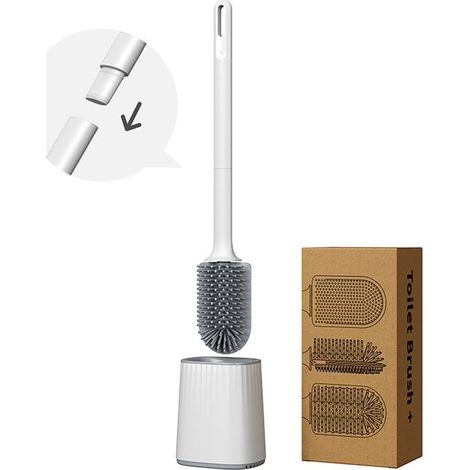1 brosse WC blanche et support, brosse WC en silicone avec long manche amovible pour le nettoyage de la salle de bain (1/5)
