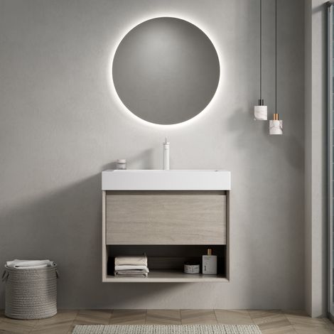 Mueble lavabo mural 70 cm con lavabo rectangular de resina blanco, 1 cajón y estante abierto (1/5)