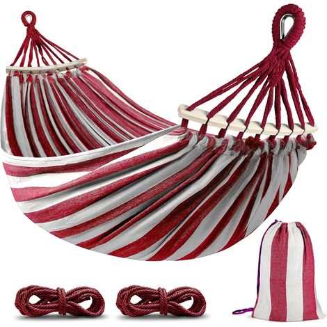 Filiyano-Hamac de camping portable, hamac en coton anti-enroulement pour jardin (rouge et blanc/220 x 150 cm) (1/4)