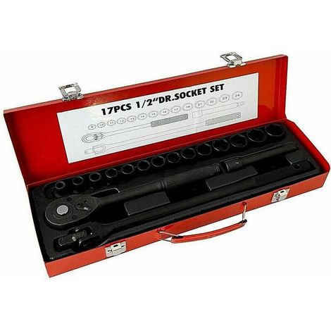 TrAdE Shop Traesio - Set 17 Pz Bussole Esagonali 1/2" Da 8 A 24mm Con Cricchetto Prolunga Mr70795 - (1/3)