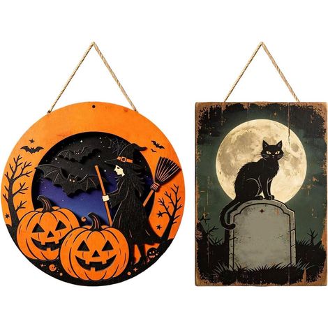 Décoration Halloween Pour Porte D'Entrée 2 Pièces Ornements En Bois Trick Décor Porche Halloween Pour Porche Table Manteau De Cheminée Étagère Fenêtre Salon Jardin Cottage (1/5)