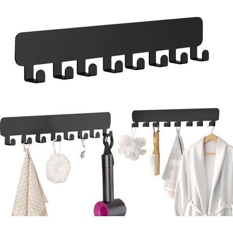 Porte-manteau mural 8 crochets 32 x 6,7 cm - patère adhésive en inox, noire (1/4)