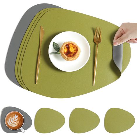 Ensemble de sets de table et de dessous de verre bicolores (4 pièces), résistants à la chaleur, antidérapants et lavables, adaptés aux tables à manger, aux tables basses et aux cuisines (vert + gris f (1/5)