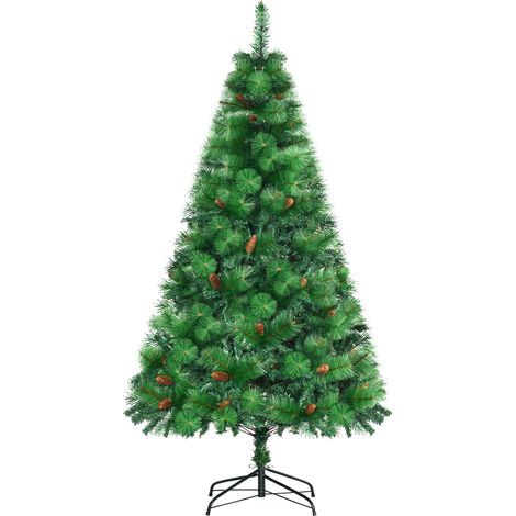Albero di Natale Decorato e Ignifugo per Interni con 782 Rami, Pigne e Base in Metallo, in PE e PVC, Φ116x180 cm, Verde