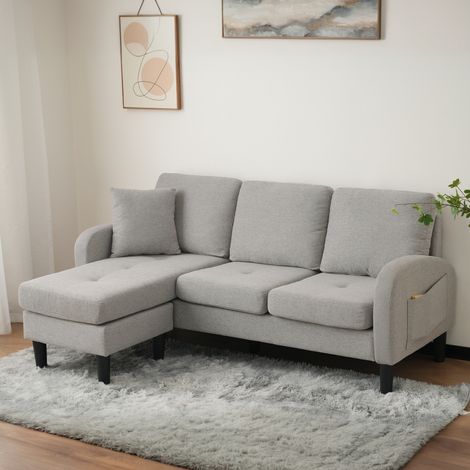 Divano angolare 185 cm, 3 posti, forma a L, rettangolare, con tasche laterali, cuscini, design modulare, mobile da soggiorno traspirante in cotone e lino - Grigio