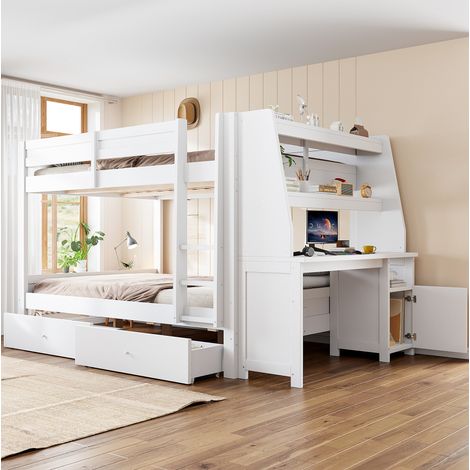 Lit superposé 140x200 cm avec bureau et rangements, 2 tiroirs, structure stable pour chambre, bois - blanc (1/5)