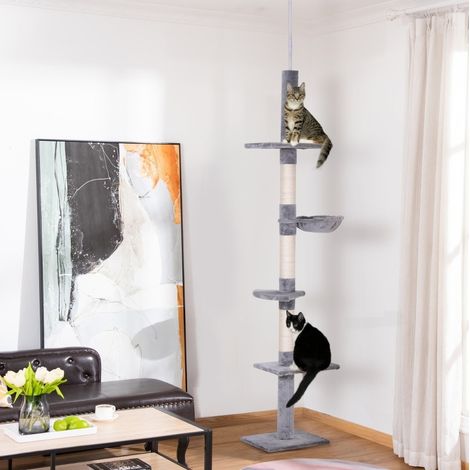 Árbol para gatos de techo regulable, 5 niveles, sisal y felpa, gris 40 x 34 x 230-260 cm HAVRYA (1/4)